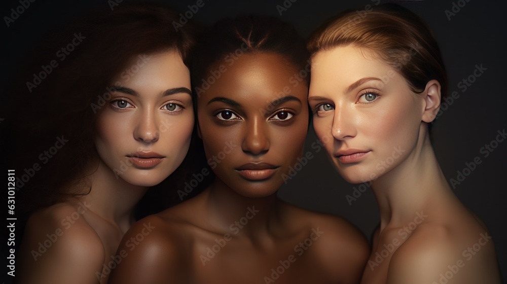 A diverse group of beautiful women with natural beauty and glowing smooth skin. Portrait of many attractive female fashion models with great skincare of all races, tones and style.