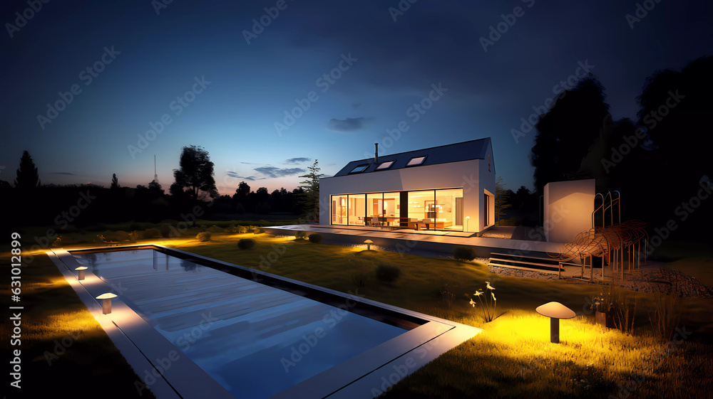 Modern house with lamps at night. Generative ai design concept art.