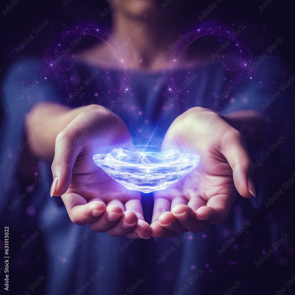 A scene with A human hand reaching out to touch a floating, glowing orb ...