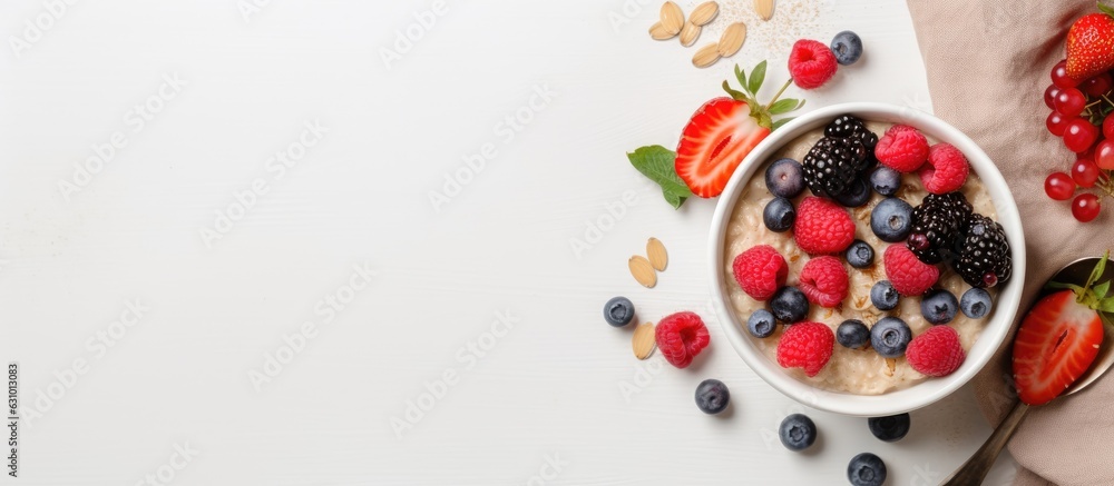 A healthy breakfast of oatmeal topped with berries and fruits is shown on a light background. taken - obrazy, fototapety, plakaty 