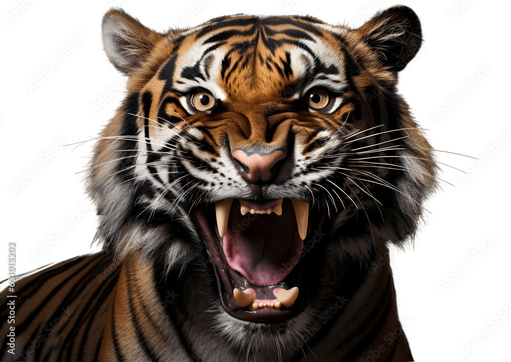 Sumatran tiger roaring with angry face isolated transparent