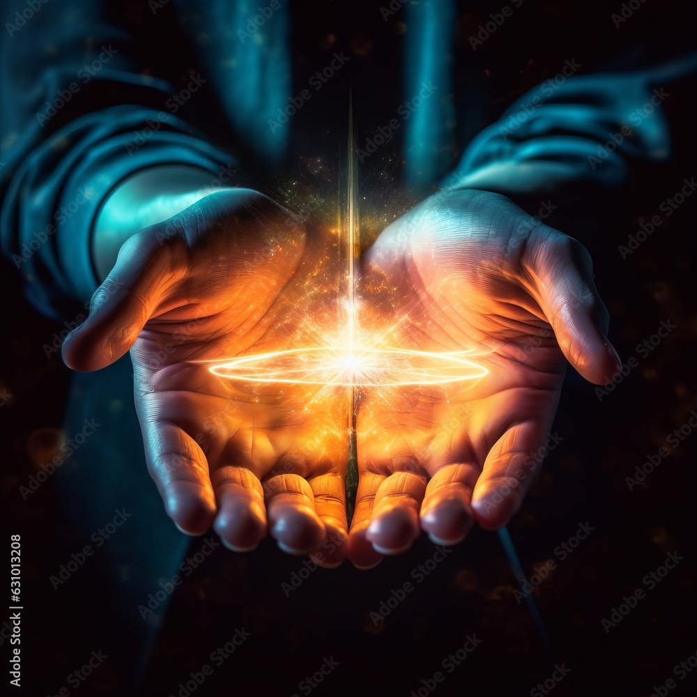 A scene with A human hand reaching out to touch a floating, glowing orb ...