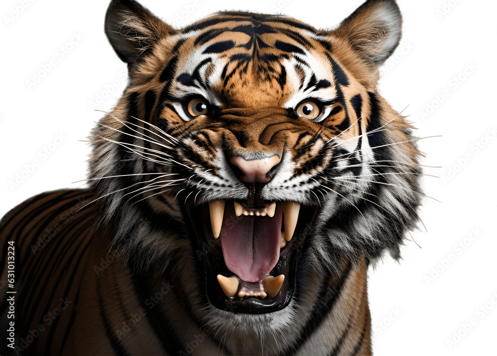 Angry wild roaring tiger isolated on white background cutout Angry wild roaring tiger isolated on white background cutout