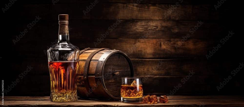 Scotch whiskey bottle, glass, and old wooden barrel with empty space