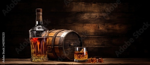 Foto Scotch whiskey bottle, glass, and old wooden barrel with empty space