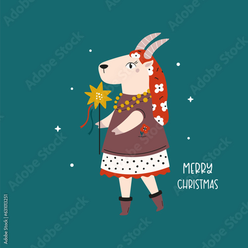 Holiday Christmas card with cute goat in tradititional Ukraininan costume and star in the hand. Colorful print with animal character, vertep personage