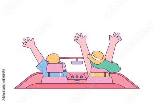 car driving holiday trip. A couple rejoices with their hands up as they go on a road trip in a convertible.
