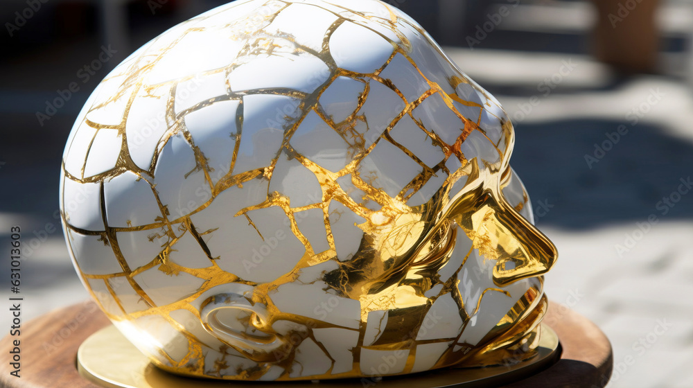 Kintsuki, Japanese ceramic head glued with gold. Concept of not constancy, imperfection of world. AI generated. Kintsuki, Japanese ceramic head glued with gold. Concept of not constancy, imperfection of world. AI generated.