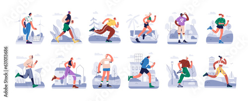 People jogging set. Active healthy joggers. Men, women runners running, training outdoors. Sport characters exercising, physical cardio workout. Flat vector illustrations isolated on white background