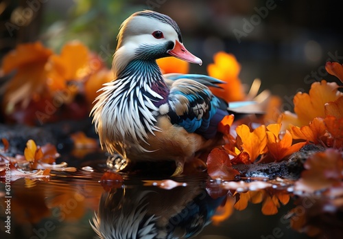 A colorful mandarin duck stands on some rocks.