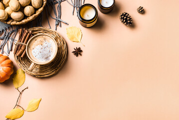 Autumn background with pumpkin spice coffee