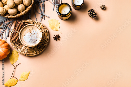 Leinwand Poster Autumn background with pumpkin spice coffee
