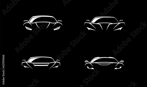 Sports car logo icon set on black background. Motor vehicle dealership emblems. Auto silhouette garage symbols. Vector illustration