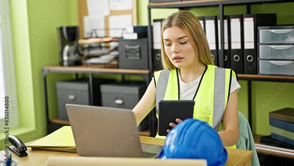 Young blonde woman architect using laptop and touchpad at office Young blonde woman architect using laptop and touchpad at office