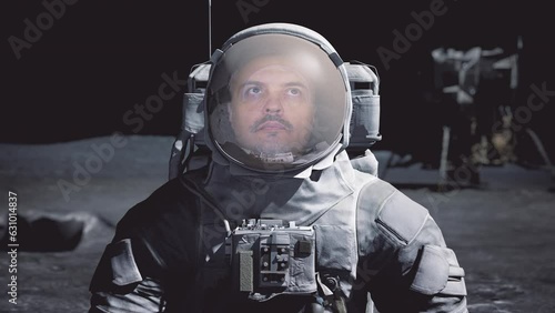 Portrait of man astronaut on Moon wearing helmet looking at earth globe and galaxy stars in outer space closeup. Sci-fi expedition, planet discovery mission and exploration by brave human, spacewalk.