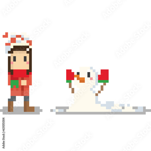 Pixel art girl give red glove to the little snowman