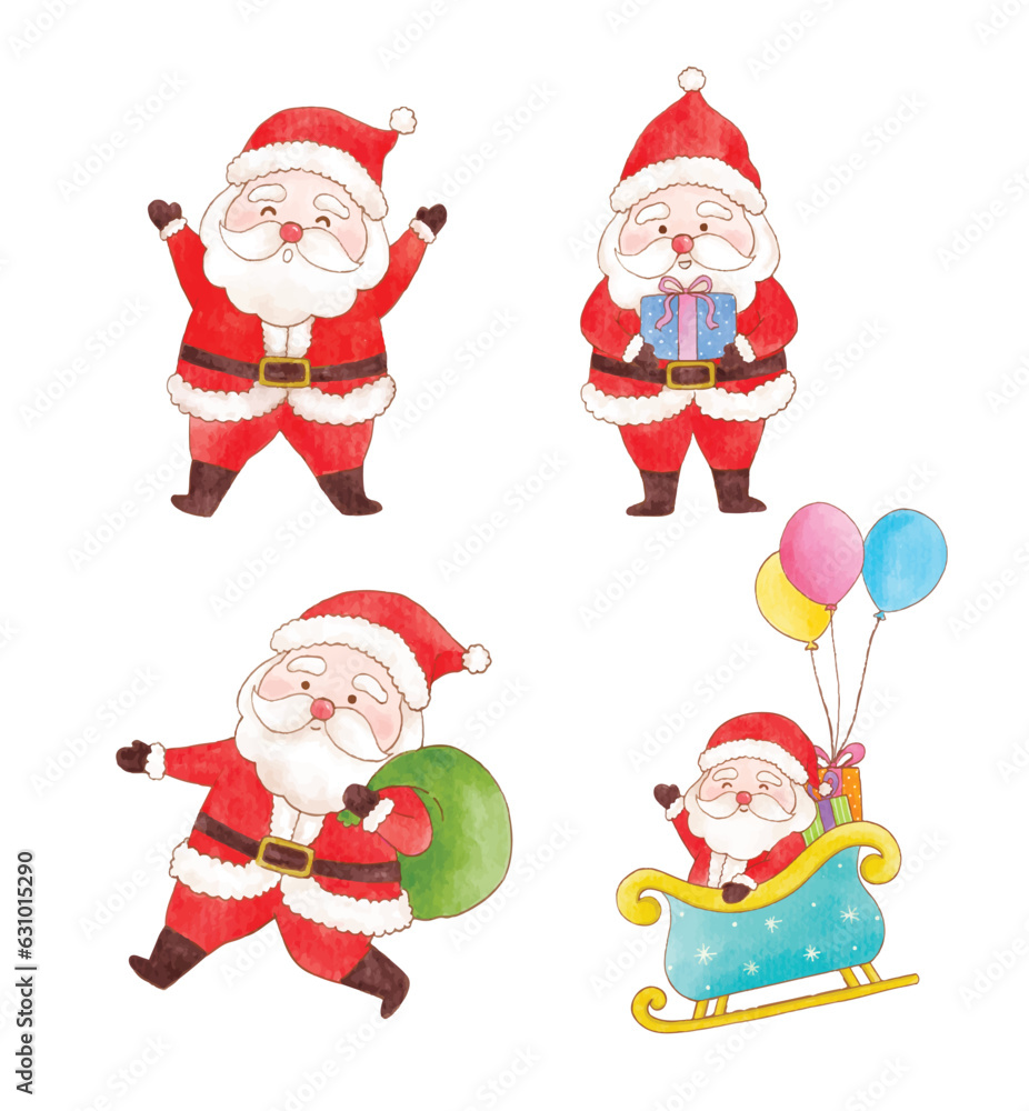 set of watercolor character of Santa Claus set of watercolor character of Santa Claus