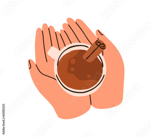 Hands with warm drink spiced with cinnamon sticks in cup. Holding mug with spicy aromatic holiday seasonal beverage, cacao, hot chocolate. Flat vector illustration isolated on white background