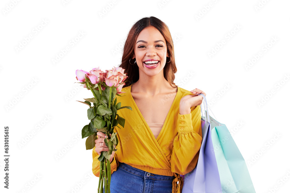 Portrait, shopping bag or happy woman with roses or flowers for valentines day, gift or anniversary. Smile, sale or excited customer with bouquet of pink plants isolated on transparent png background Portrait, shopping bag or happy woman with roses or flowers for valentines day, gift or anniversary. Smile, sale or excited customer with bouquet of pink plants isolated on transparent png background