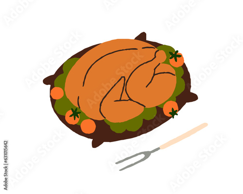 Roasted turkey, cooked dinner dish. Baked grilled whole chicken, festive poultry, holiday meat meal served on plate with vegetables, tomato. Flat vector illustration isolated on white background