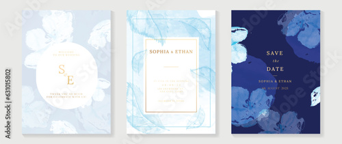 Luxury wedding blue invitation card background with golden line art flower and botanical leaves, Organic shapes, Watercolor. Abstract art background vector design for wedding and vip cover template.