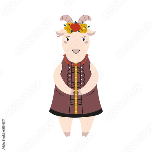 Vector illustration with cute goat in necklace  head wear and jacket. Animal character design in ethnic clothing