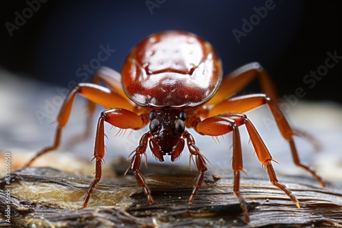 Macro shot of a red tick on a black background with reflection. Lyme disease concept. created with generative ai