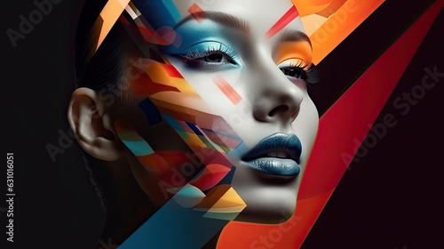 lady with abstract geometric faceart on color background photo