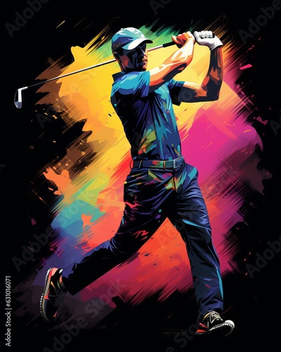Captivating golf swing illustration: dynamic golfer in action on sun-kissed course, t-shirt design, Generative AI