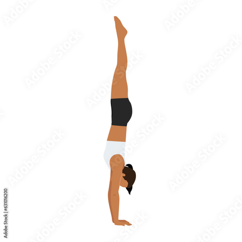 Woman doing Adho Mukha vrksasana or handstand pose yoga exercise. Flat vector illustration isolated on white background