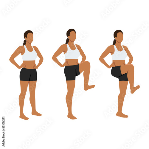 Woman doing standing knee raises. Abdominal exercise. Flat vector illustration isolated on white background