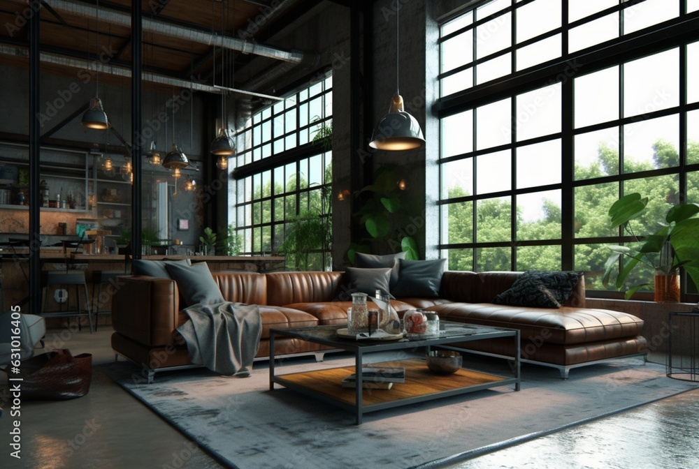 Interior design of Living Room in Industrial style with Large Windows decorated with Concrete. generative ai
