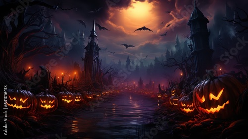 Halloween. Happy Halloween Fantasy Illustration with Halloween pumpkin  trees  house  moon on the background of old gothic castles. Fantasy poster for halloween. Generative Ai