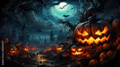 Halloween. Happy Halloween Fantasy Illustration with Halloween pumpkin, trees, house, moon on the background of old gothic castles. Fantasy poster for halloween. Generative Ai © Kowit