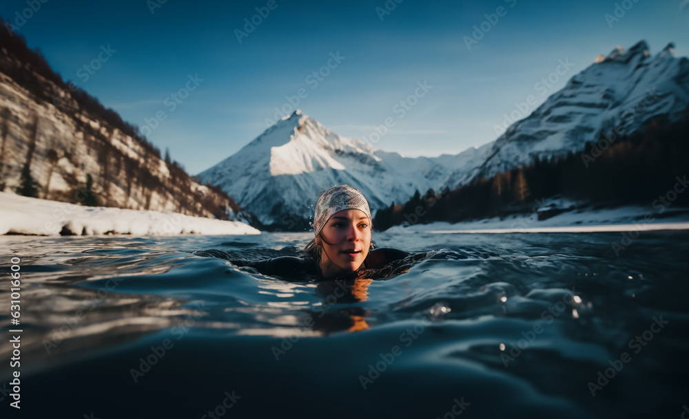 Young woman swimming in a cold mountain lake during winter with snow covering the mountains and woods around the lake. Shallow field of view.