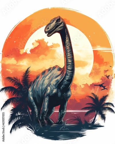 Brachiosaurus, palm trees, sunset, pure white background, T-shirt design, Generative AI