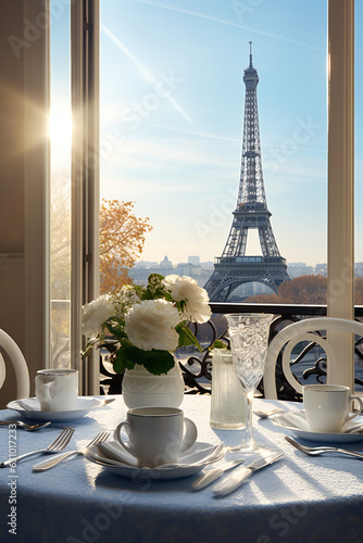 Romantic view at the Eiffel Tower from hotel room restaurant