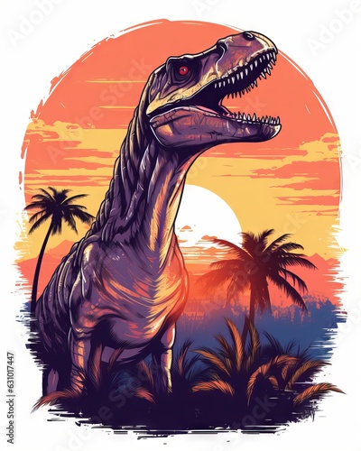 illustration of a dinosaur - Dinosaur, palm trees, sunset, pure white background, T-shirt design, Generative AI © Ameer