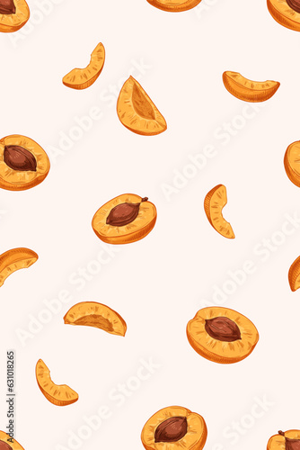 Apricots pattern, endless background. Repeating print, hand-drawn fruit halve...