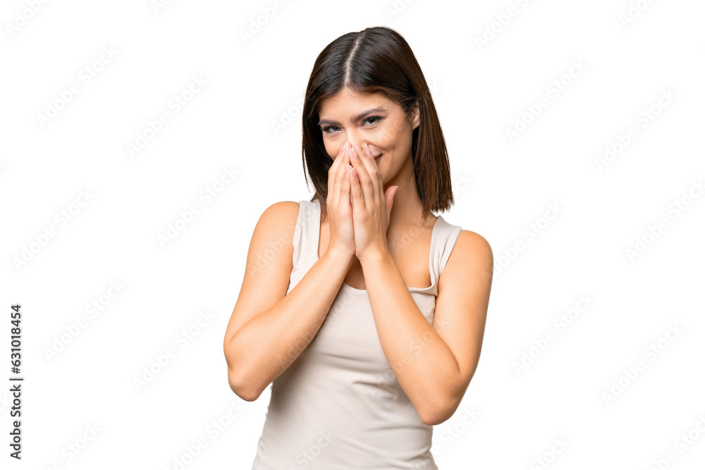 Young Russian woman over isolated chroma key background happy and smiling covering mouth with hands Young Russian woman over isolated chroma key background happy and smiling covering mouth with hands