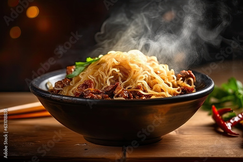Noodles with steam and smoke in bowl, chopsticks on wooden background.