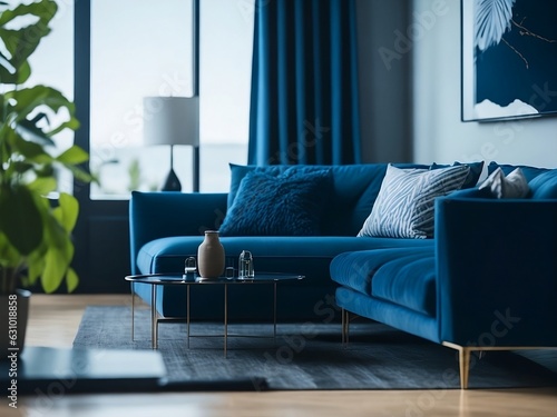 modern blue living room, sofa, table, window