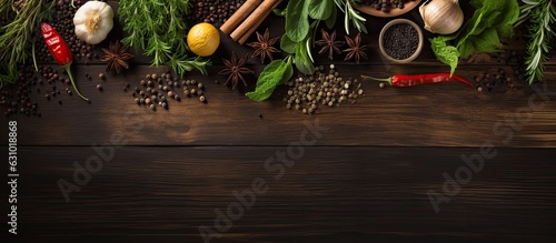 Fresh herbs and spices placed on a wooden table, seen from above, and with space for additional text