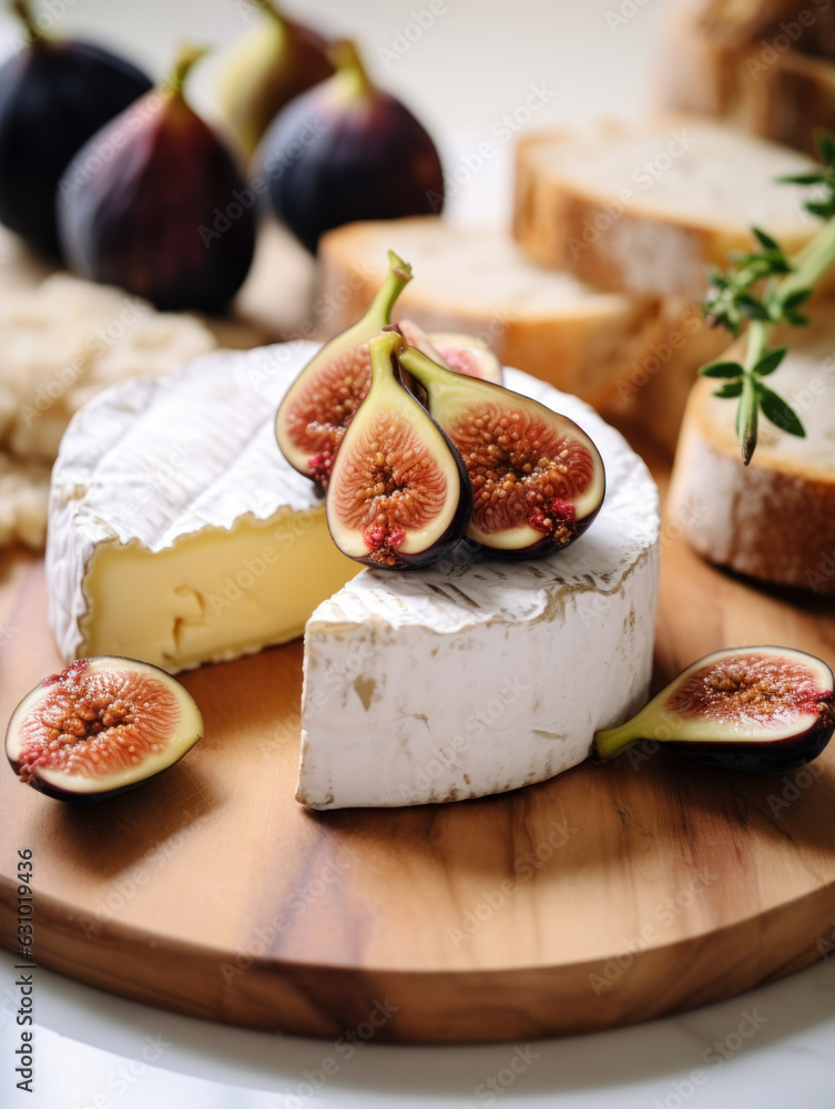 Camembert cheese served with figs and bread on wooden board, close-up food photography, soft gourmet brie cheese 