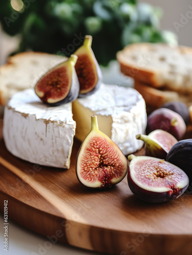 figs and cheese, camembert cheese served with bread and figs on wooden board, close-up food photo, blurred background