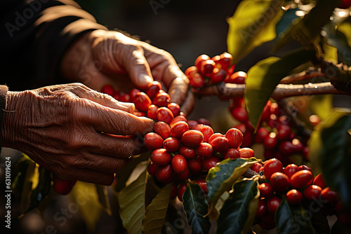 Papier peint Photo close up farming hand picking up raw coffee bean on tree in farm