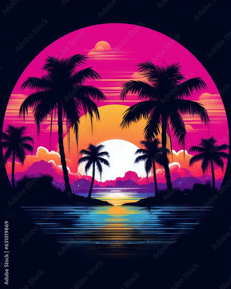 Sunset on the beach - sunset, synthwave, vivid colors, pure black background, T-shirt design, Generative AI