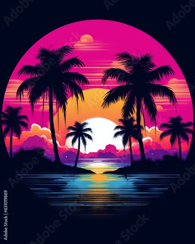 Sunset on the beach - sunset, synthwave, vivid colors, pure black background, T-shirt design, Generative AI © Ameer