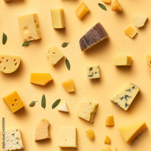 Various kinds of cheese, pieces of cheese scattered on yellow background, blue cheese and cheddar, top view food photography, pattern photo