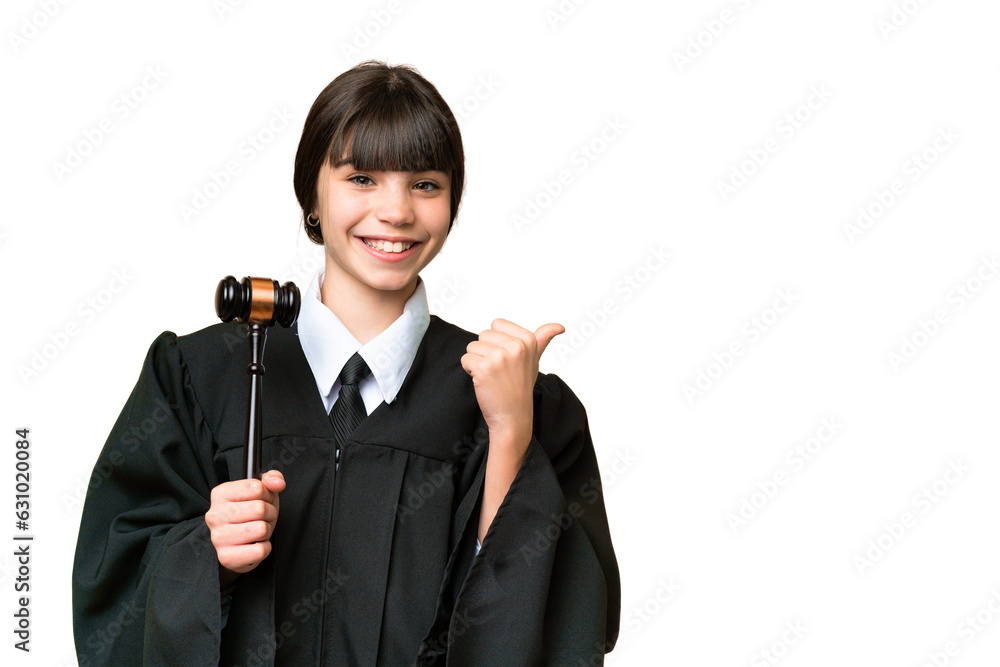 Little girl playing as a Judge over isolated background pointing to the side to present a product Little girl playing as a Judge over isolated background pointing to the side to present a product